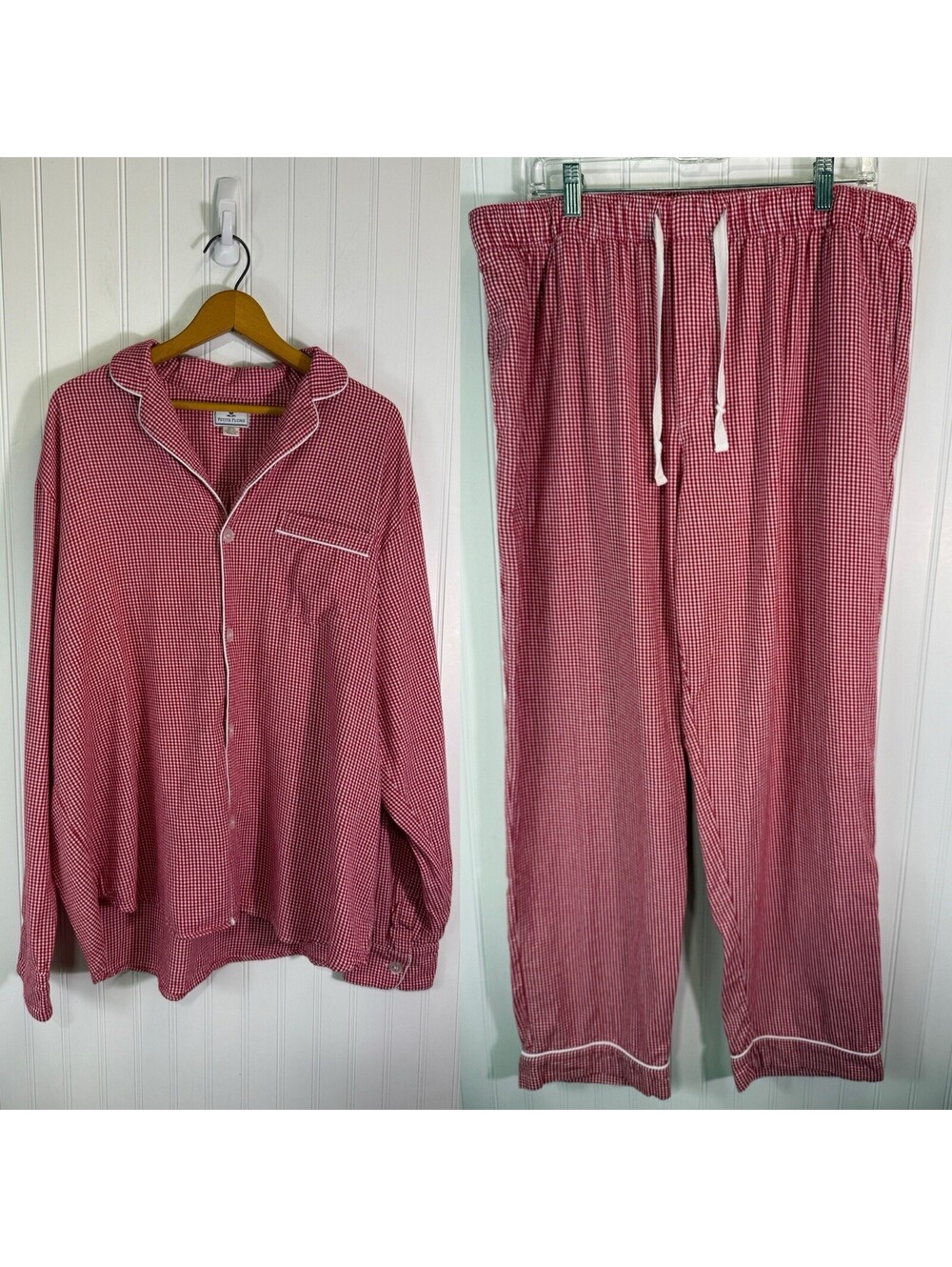 XL Mens Petite Plume Flannel Pajama Set Red Shepherds Check Luxury Xmas Holiday